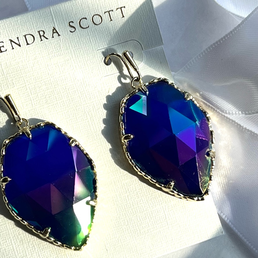 RARE & RETIRED Kendra Scott Corley Earrings Cobalt Iridescent Yellow Gold GORG! - Picture 12 of 13